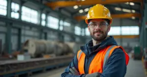 Trabalhador usando equipamento de proteção em ambiente industrial com tela de segurança ao fundo
