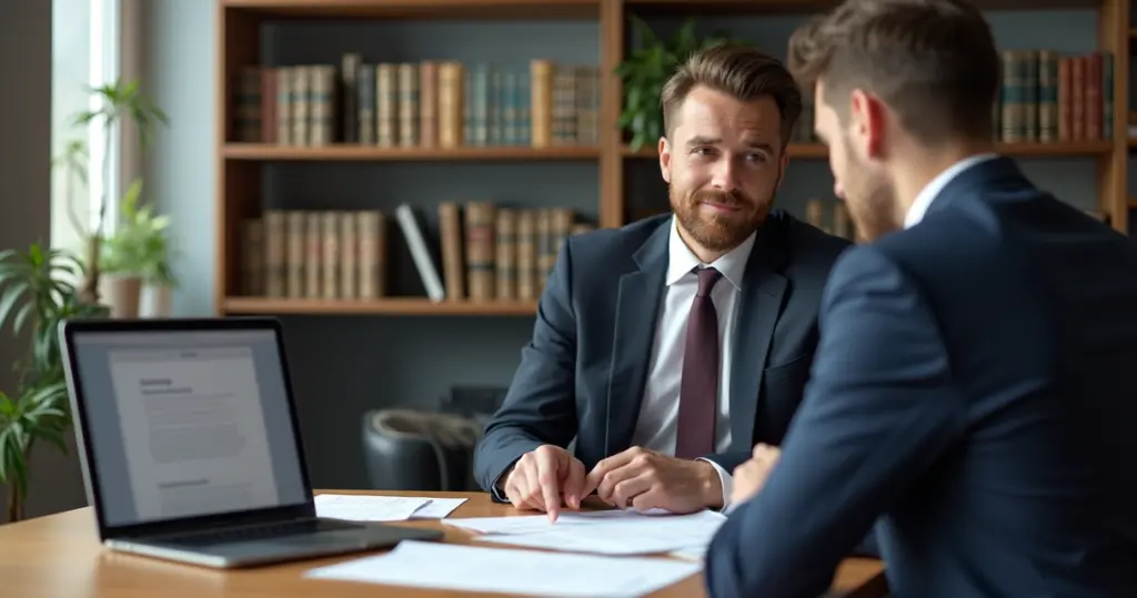 Advogado orientando cliente sobre direitos trabalhistas em escritório moderno
