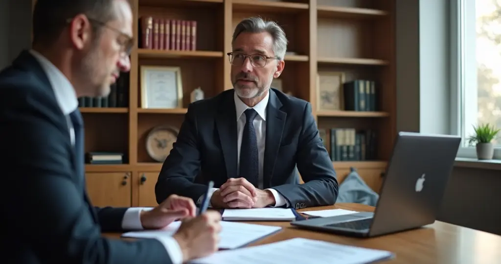 Advogado consultando cliente em escritório moderno, mesa com documentos jurídicos e laptop