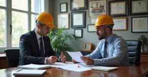 Advogado consultando cliente em escritório sobre acidente de trabalho