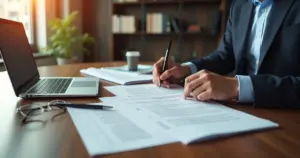 Advogado analisando contrato de trabalho em escritório moderno com documentos e computador