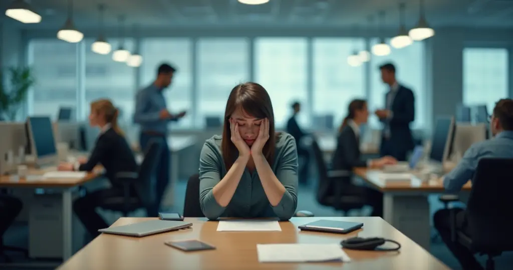 Pessoa sofrendo isolamento no ambiente de trabalho, colegas ignorando ao fundo