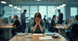 Pessoa sofrendo isolamento no ambiente de trabalho, colegas ignorando ao fundo