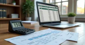Mesa de trabalho com calculadora, planilhas, relógio de ponto e laptop mostrando cálculos de horas extras