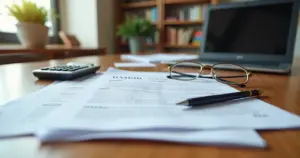 Mesa de escritório com carteira de trabalho aberta, documentos, calculadora e óculos sobre papelada relacionada a direitos trabalhistas
