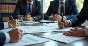 Mesa de reunião com advogados analisando documentos de acordos trabalhistas com expressões sérias e canetas sobre contratos