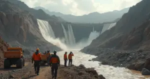 Cena realista de acidente em mineradora com barragem rompida e trabalhadores em resgate