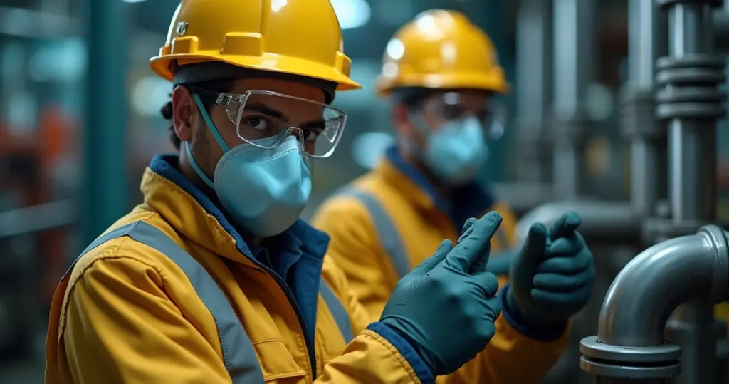 Trabalhador com equipamento de proteção vestindo capacete amarelo e máscara em ambiente industrial