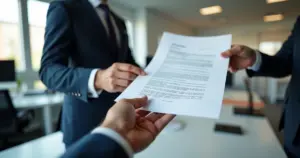 Documento formal de advertência sendo entregue em ambiente de escritório moderno