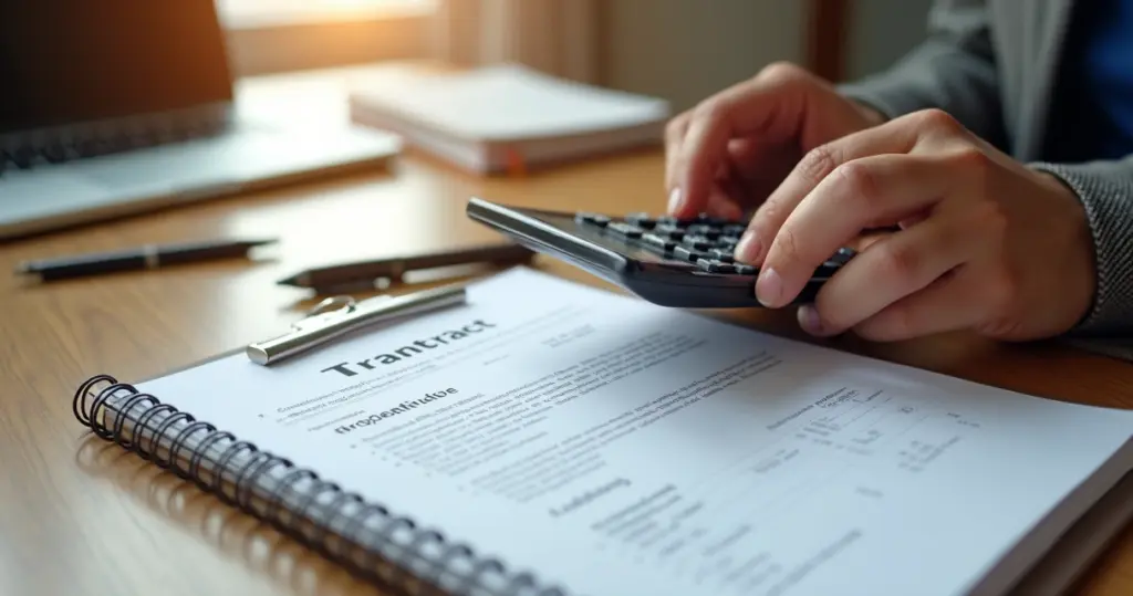 Pessoa calculando férias proporcionais com calculadora, caderno e contrato de trabalho sobre mesa de madeira clara
