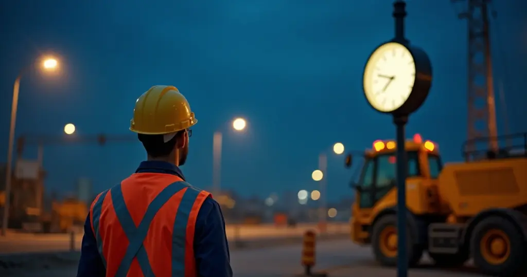 Trabalhador noturno usando capacete e colete refletivo olhando para relógio durante turno noturno