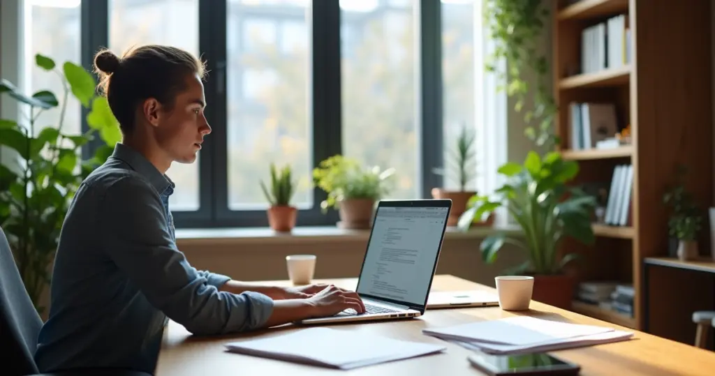 Pessoa trabalhando remotamente em laptop numa mesa doméstica com documentos e café