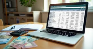 Planilha com cálculo do 13º salário ao lado de carteira de trabalho e notas de real sobre mesa de madeira