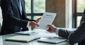 Empregador entregando documento de demissão por justa causa a trabalhador em escritório moderno