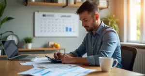 Trabalhador conferindo cálculo de férias em papel com calculadora e computador na mesa