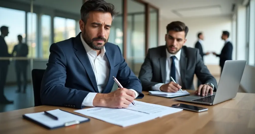 Empregador e advogado analisando documentos sobre justa causa em uma reunião de trabalho