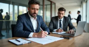 Empregador e advogado analisando documentos sobre justa causa em uma reunião de trabalho