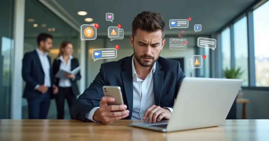 Empregado preocupado olhando notificações de redes sociais no celular em ambiente de escritório