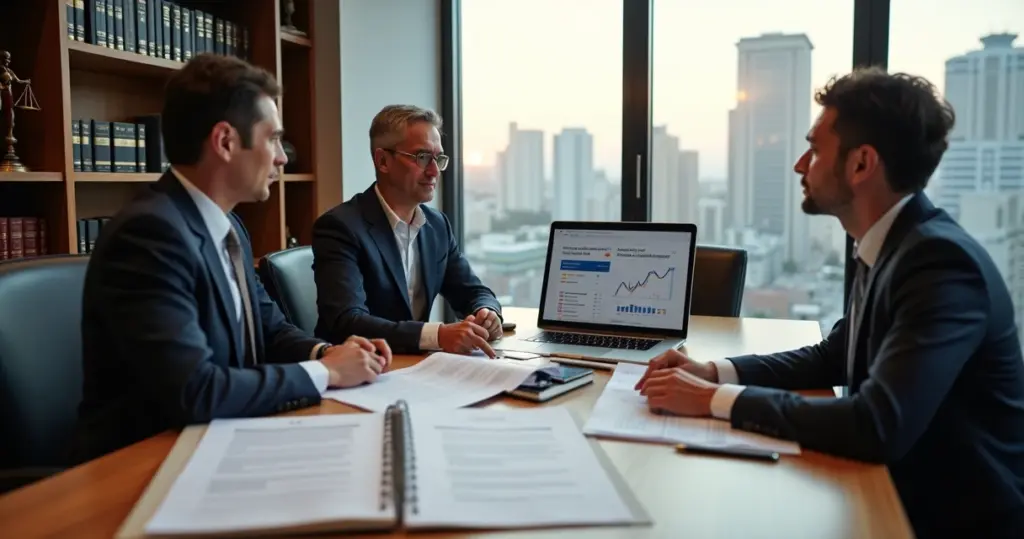 Advogados analisando notícias recentes do direito do trabalho em um escritório moderno