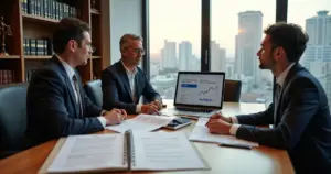 Advogados analisando notícias recentes do direito do trabalho em um escritório moderno